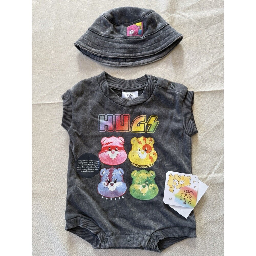 Care Bears Baby Sleeveless Romper One-Piece + Hat Set 0-3M Gray Tie-Dye